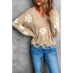 Floral Ribbed Trim Distressed Sweater